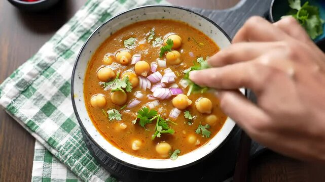 Spicy Chickpea Stew, Cilantro Garnish, Wooden Table, Recipe Blog