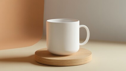 Blank white mug on light beige wooden coaster