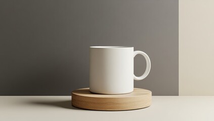 A plain white mug sits on a round wooden platform against a muted color backdrop