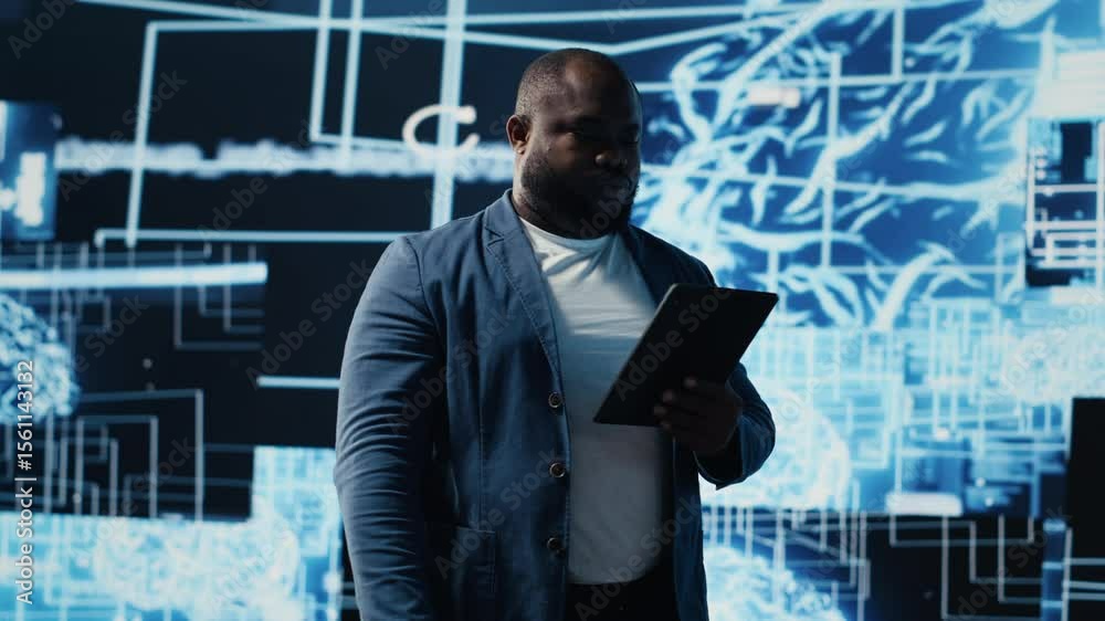 Poster young black technician reviewing ai data visualization and neural networks platforms, smart technolo
