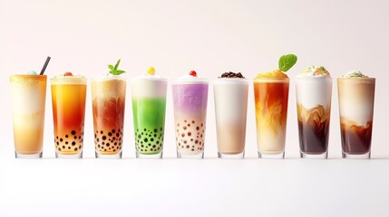 Fototapeta premium 77.A vibrant graphic collection of bubble tea varieties with pearls in different colors, coffee drinks with milk foam art, and matcha lattes, all isolated against white with subtle shadowing for