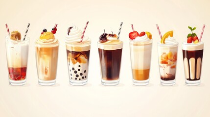 78.A fun and dynamic vector set of drinks featuring oversized straws, clear cups filled with boba and creamy teas, iced coffees with layers of caramel, and fruit-infused milk teas, rendered in a