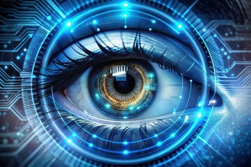 A Close-Up View of a Human Eye Enhanced with Futuristic Technological Elements, Glowing with Digital Circuitry and Illuminated Lines