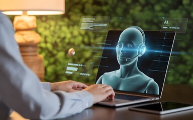 A person interacting with a futuristic artificial intelligence ai avatar on a laptop screen