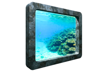 View of a beautiful coral reef through a metal ship window isolated on a transparent background