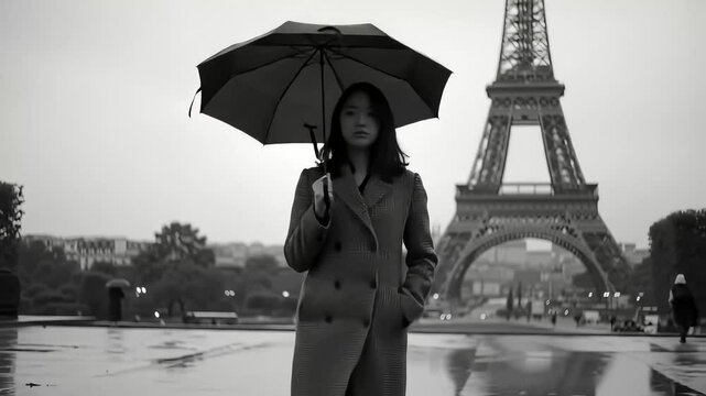 Woman Paris Eiffel Tower rain umbrella coat