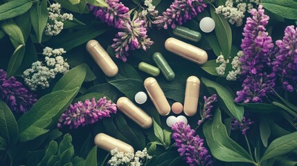 Assorted natural herbal supplements with purple flowers