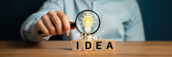 Magnifying glass focuses on a lightbulb, symbolizing an idea.