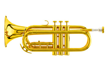 Obraz premium Shiny brass cornet with three valves rests isolated on a transparent background