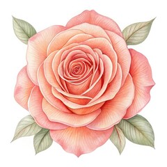 Delicate watercolor peach rose with green leaves isolated on white background