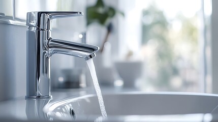 Modern chrome faucet with running water in a bright bathroom sink