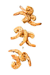 Delicious seasoned and grilled shrimp arranged in a visually appealing manner isolated on...