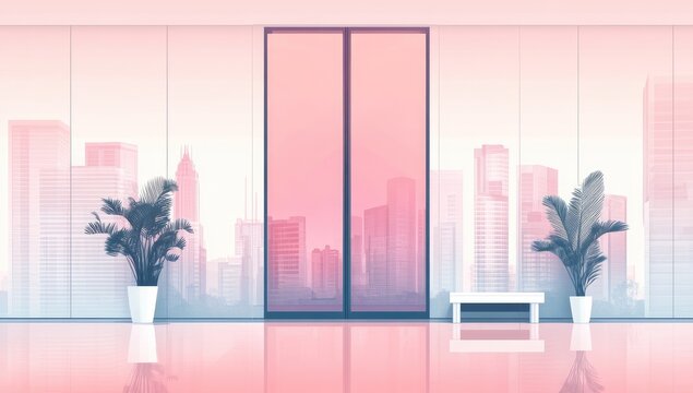 Modern minimalist interior with city view. Soft pink and muted tones. Large glass doors