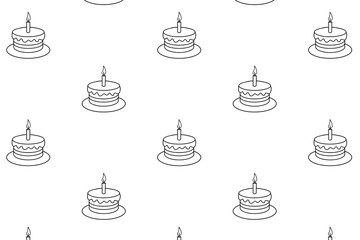 A seamless pattern of simple line-drawn birthday cakes with candles on white background. The cakes are round with icing and sit on plates.