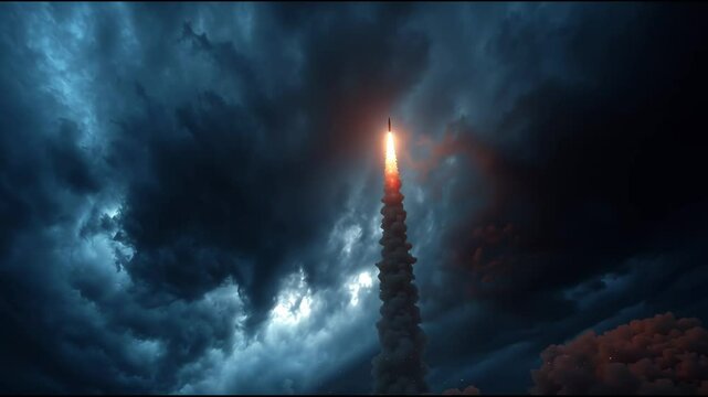 A dramatic wide-angle shot of an intercontinental ballistic missile launching from a military base at dusk, thick smoke and bright flames trail behind, stormy clouds above, cinematic lighting, highly 