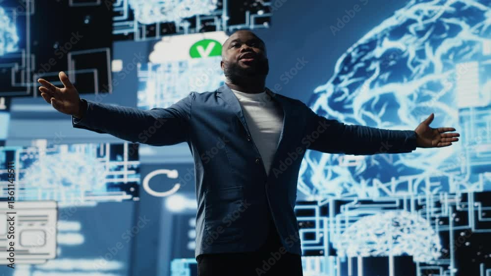Poster tech savvy black male engineer reviewing big data ai brain using cloud computing tools and advanced 
