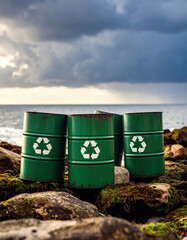 Green Recycling Barrels on Rocky Shoreline with Wind Turbine in Background, Symbolizing Sustainable Energy and Environmental Responsibility