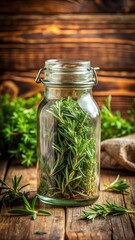 Glass jar with a wide mouth filled with fresh herbs like rosemary or thyme