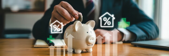 Person saving money for a home, putting a coin in a piggy bank.