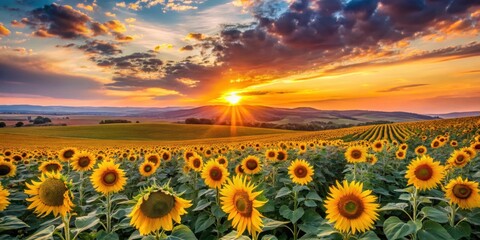 Fototapeta premium Golden Hour Sunbeams Across a Vast Sunflower Field at Sunset
