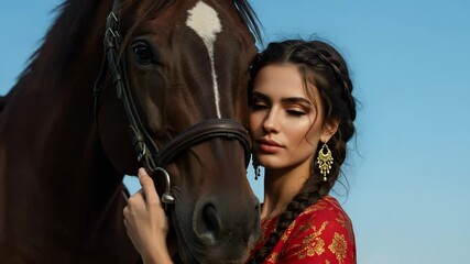 Young woman affectionately embracing horse outdoors under blue sky   - Powered by Adobe