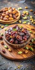 Freshly harvested dried dates and pistachios arranged in a natural wooden plate