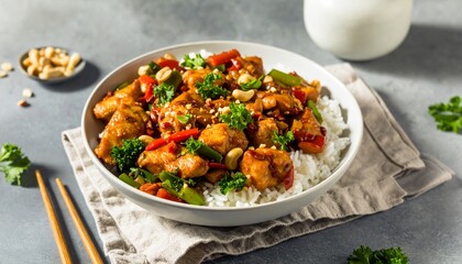 Homemade Kung Pao Chicken With Sichuan Pepper, Topped With Nuts. 