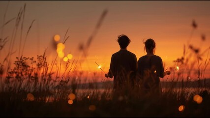 Couple watching sunset with sparklers in hand, warm mood - Powered by Adobe