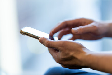 man using smart phone. The concept of living on vacation and playing social media. Social Distancing ,Working From Home