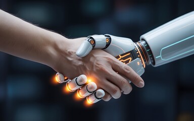 Human handshake with a futuristic robot hand symbolizing technology and innovation in a technological era.
