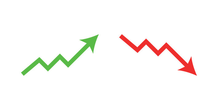 Stock market trend up and down arrows, financial graphs, and business investment growth and loss arrow, graph going up and down symbol with green and red arrows, vector illustration