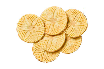 Golden Waffle Cookies Stack – Crispy Sweet Treat with Star Pattern Design on Black Background