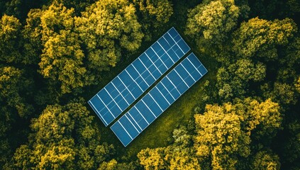 Aerial view of solar panels nestled within a lush forest.  Two rectangular solar panels, dark blue with gridded cells, are positioned amidst a vibrant green and yellow canopy of trees