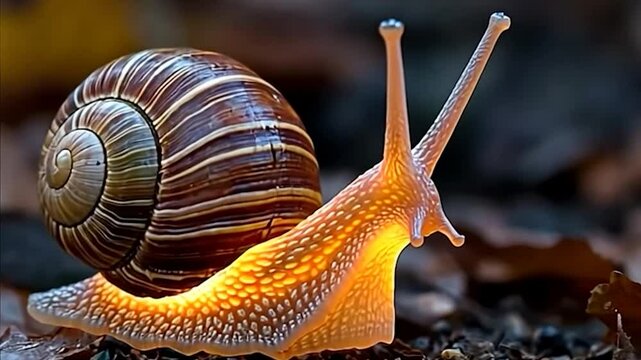 Close-up video of a snail with detailed shell pattern and illuminated body in a natural outdoor setting blurred background and soft lighting