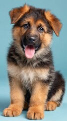 Adorable German Shepherd Puppy with Tongue Out on Blue Background