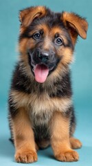 Adorable German Shepherd Puppy with Tongue Out on Blue Background