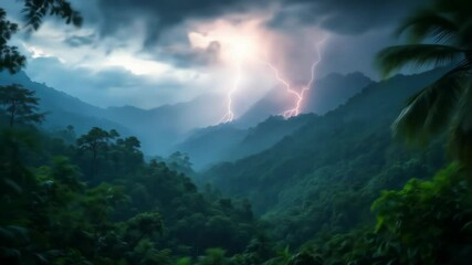 Dramatic lightning storm over the lush green mountains and vibrant tropical rainforest