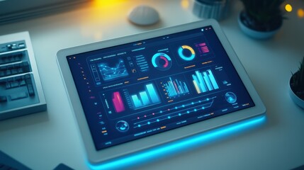 Modern digital tablet displaying a variety of data visualizations.