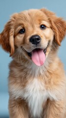 Cute Golden Retriever Puppy Smiling with Tongue Out on Blue Background