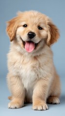 Cute Golden Retriever Puppy Smiling with Tongue Out on Blue Background