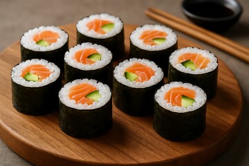 Fresh salmon and cucumber maki rolls arranged artfully on a wooden board