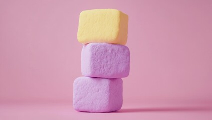 Three pastel-colored marshmallow cubes stacked vertically on a pink background