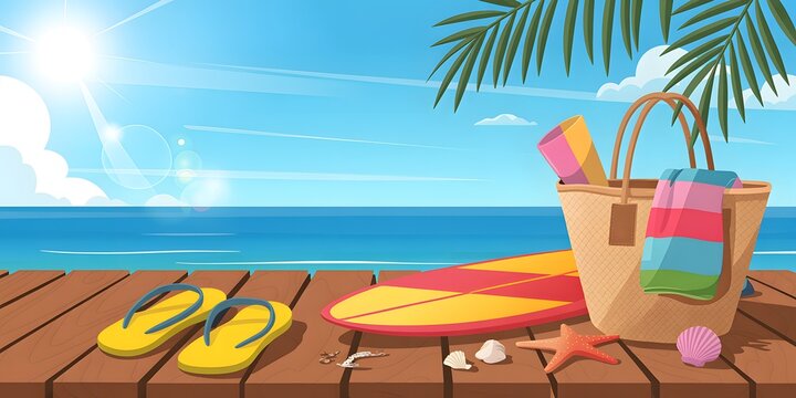 Summer beach scene with surfboard flip flops and beach bag against a sunny sky vacation theme