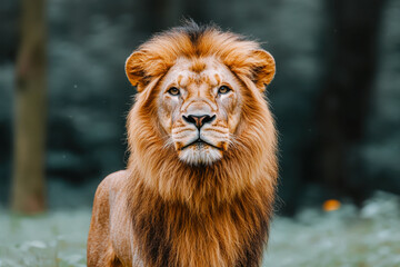 Fototapeta premium Majestic Lion Portrait: A powerful male lion, with a magnificent golden mane, stares directly at the camera, his intense gaze captivating. The blurred background hints at a lush forest habitat. 