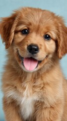 Cute Golden Retriever Puppy Smiling with Tongue Out on Blue Background
