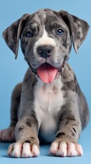 Cute Gray Great Dane Puppy Smiling with Tongue Out on Blue Background