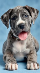Cute Gray Great Dane Puppy Smiling with Tongue Out on Blue Background