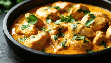 Creamy, spiced chicken curry in a dark bowl, garnished with fresh herbs