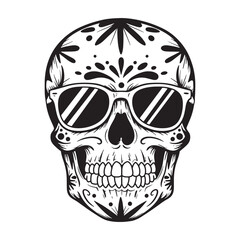 Obraz premium Vector illustration of a decorated skull wearing sunglasses in black and white