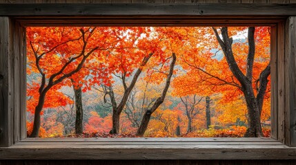 Autumn vista framed by wooden window